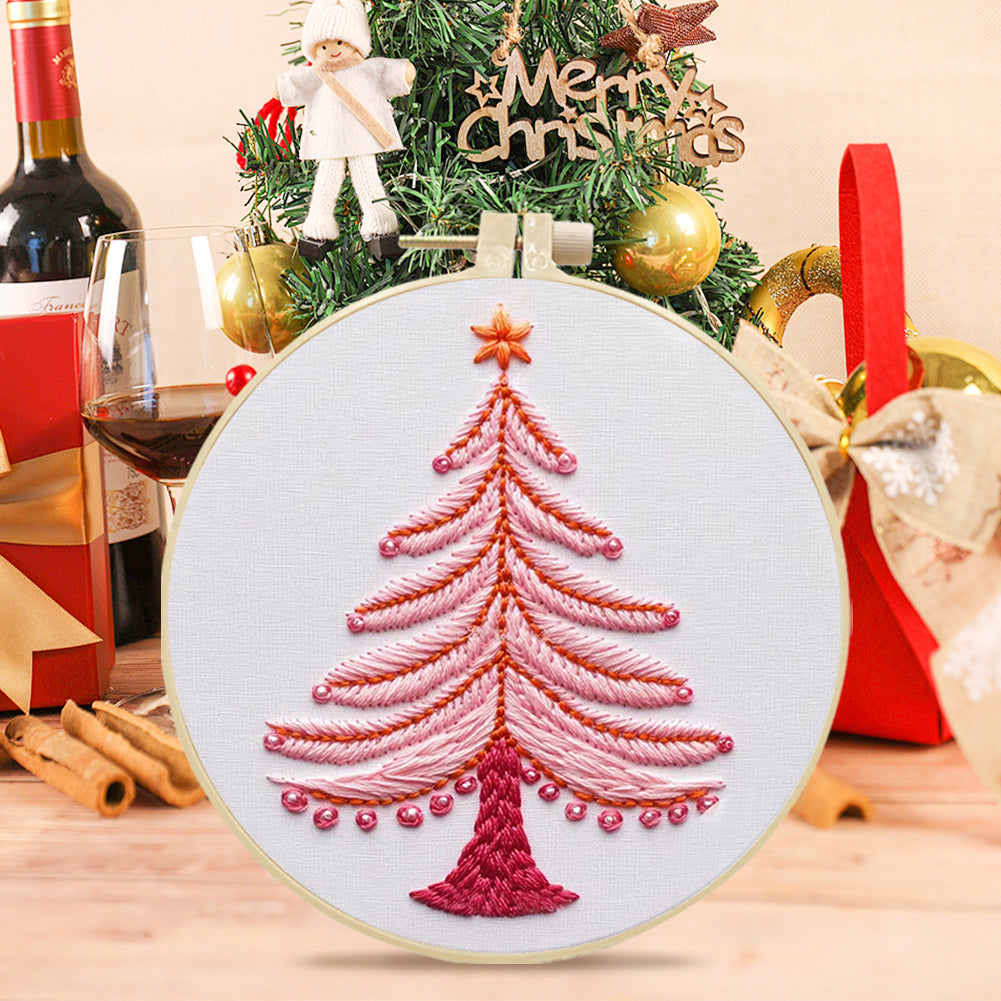 Pink Christmas Tree - DIY Embroidery Cross Stitch Kit with Pattern Cotton Threads Needles Hoop 25x25CM/9.84x9.84in