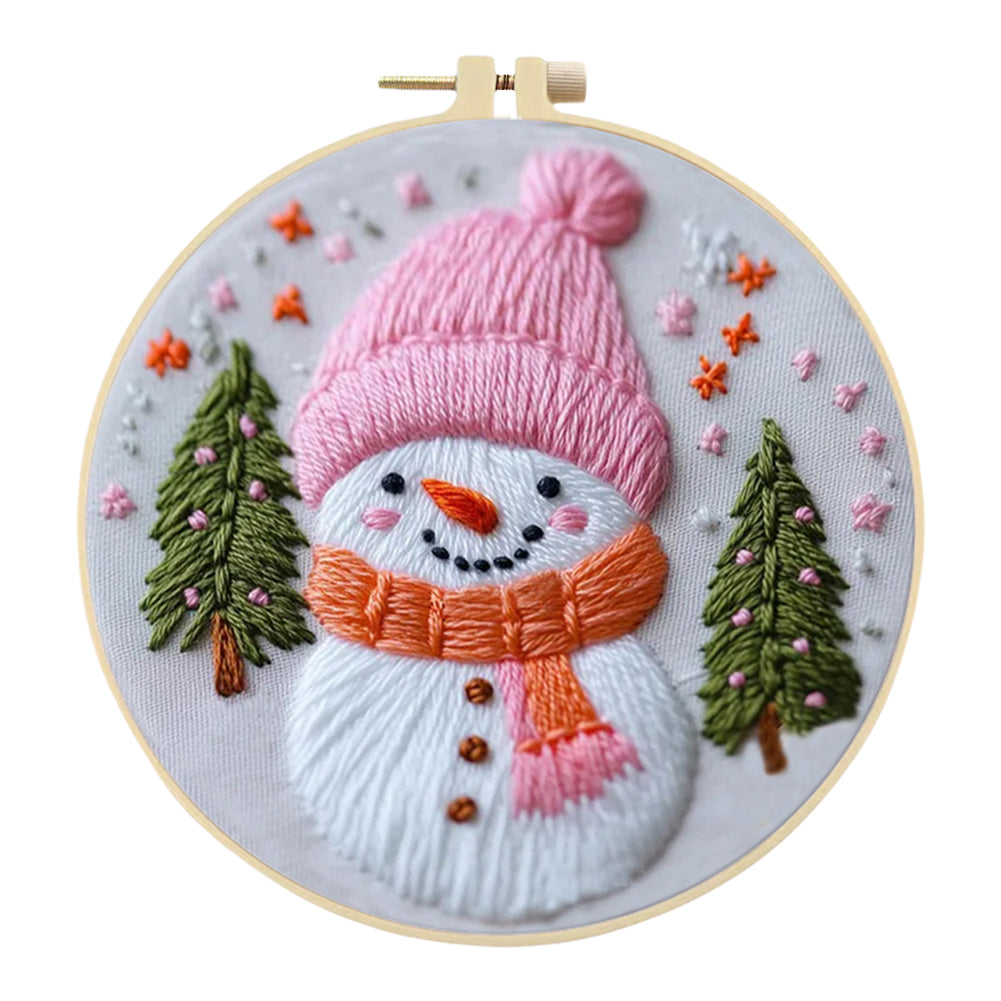 Pink Snowman - DIY Embroidery Cross Stitch Kit with Pattern Cotton Threads Needles Hoop 25x25CM/9.84x9.84in