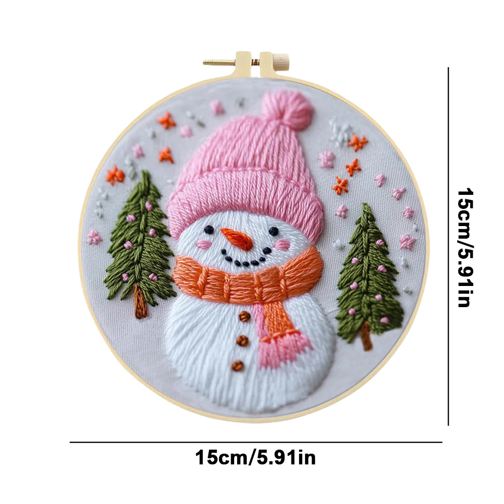 Pink Snowman - DIY Embroidery Cross Stitch Kit with Pattern Cotton Threads Needles Hoop 25x25CM/9.84x9.84in
