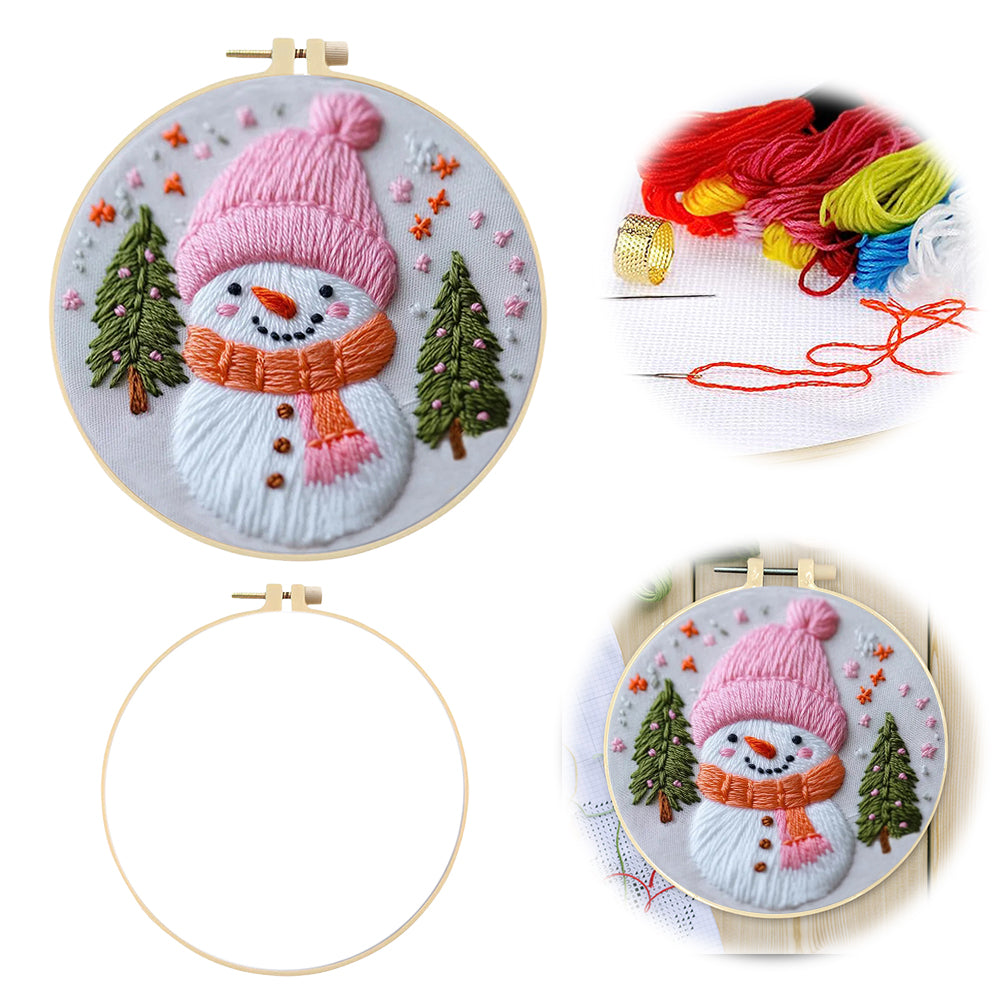 Pink Snowman - DIY Embroidery Cross Stitch Kit with Pattern Cotton Threads Needles Hoop 25x25CM/9.84x9.84in