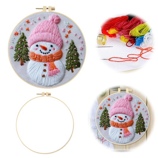 Pink Snowman - DIY Embroidery Cross Stitch Kit with Pattern Cotton Threads Needles Hoop 25x25CM/9.84x9.84in