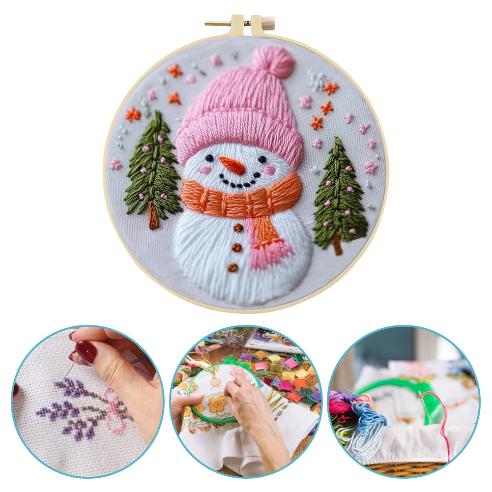 Pink Snowman - DIY Embroidery Cross Stitch Kit with Pattern Cotton Threads Needles Hoop 25x25CM/9.84x9.84in