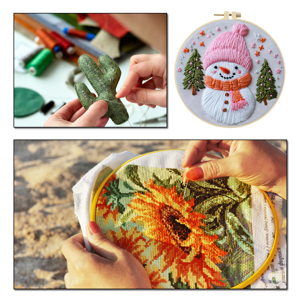 Pink Snowman - DIY Embroidery Cross Stitch Kit with Pattern Cotton Threads Needles Hoop 25x25CM/9.84x9.84in
