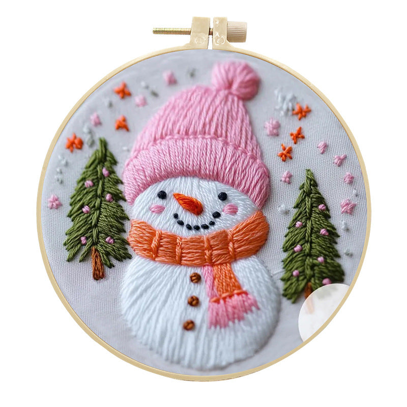 Pink Snowman - DIY Embroidery Cross Stitch Kit with Pattern Cotton Threads Needles Hoop 25x25CM/9.84x9.84in