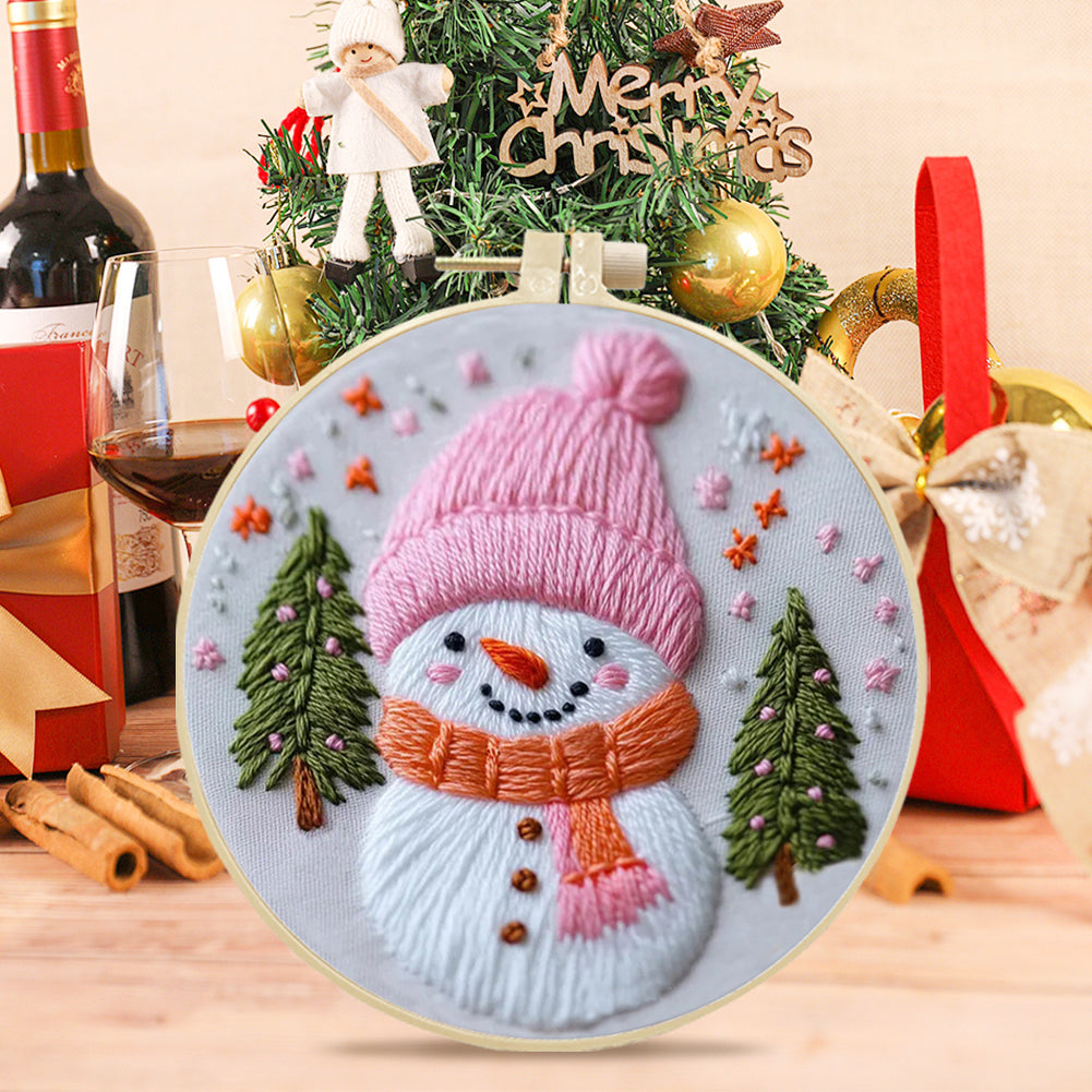 Pink Snowman - DIY Embroidery Cross Stitch Kit with Pattern Cotton Threads Needles Hoop 25x25CM/9.84x9.84in