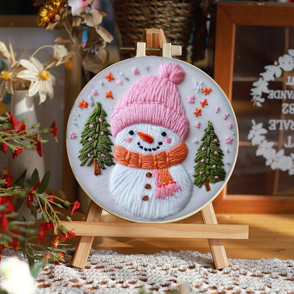 Pink Snowman - DIY Embroidery Cross Stitch Kit with Pattern Cotton Threads Needles Hoop 25x25CM/9.84x9.84in