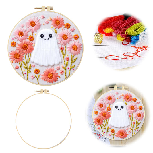 Vintage Flower Ghost No.2 - DIY Embroidery Cross Stitch Kit with Pattern Cotton Threads Needles Hoop 25x25CM/9.84x9.84in