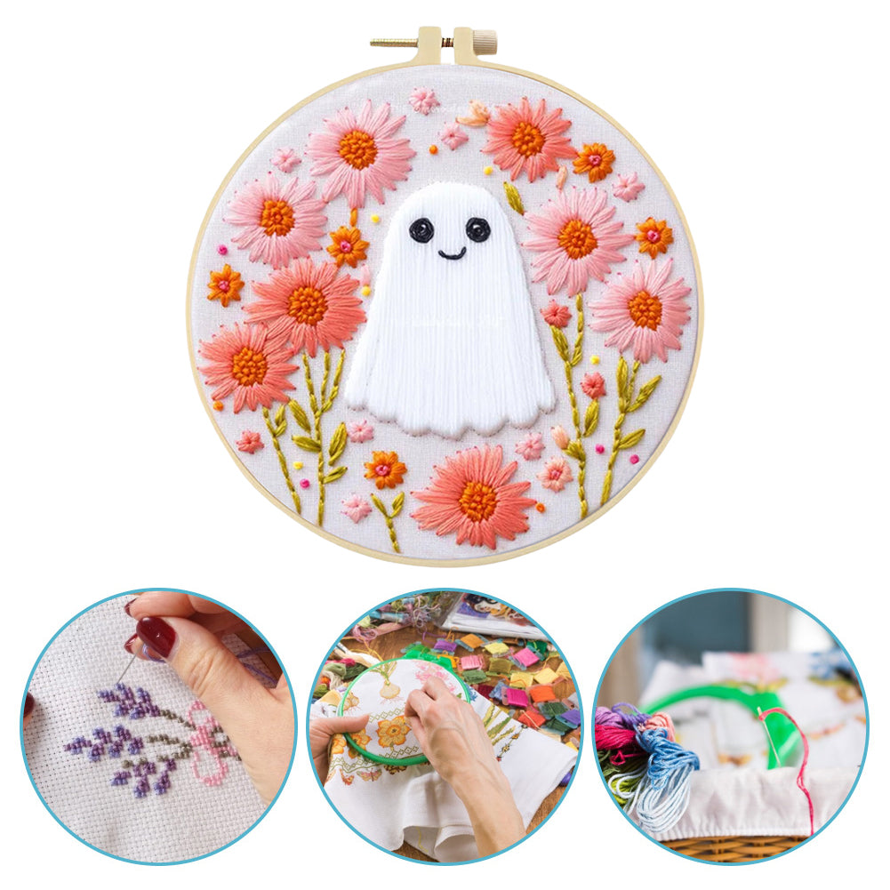 Vintage Flower Ghost No.2 - DIY Embroidery Cross Stitch Kit with Pattern Cotton Threads Needles Hoop 25x25CM/9.84x9.84in