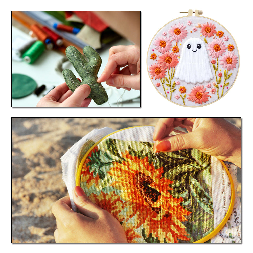Vintage Flower Ghost No.2 - DIY Embroidery Cross Stitch Kit with Pattern Cotton Threads Needles Hoop 25x25CM/9.84x9.84in