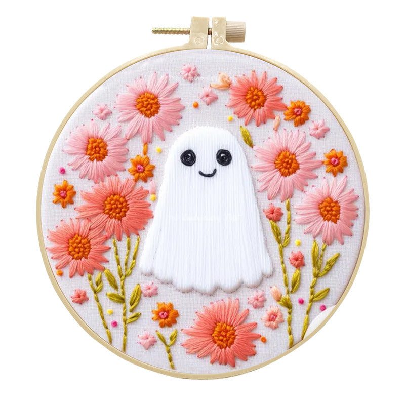 Vintage Flower Ghost No.2 - DIY Embroidery Cross Stitch Kit with Pattern Cotton Threads Needles Hoop 25x25CM/9.84x9.84in