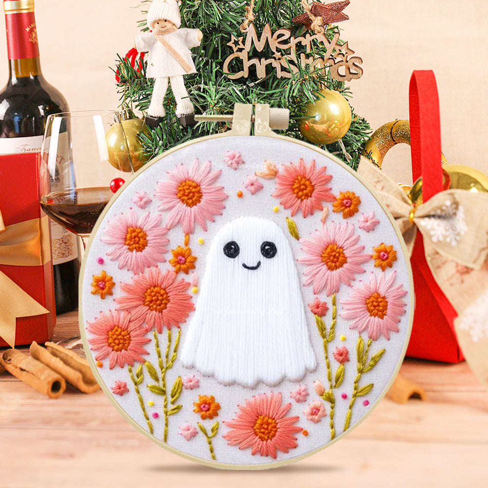 Vintage Flower Ghost No.2 - DIY Embroidery Cross Stitch Kit with Pattern Cotton Threads Needles Hoop 25x25CM/9.84x9.84in