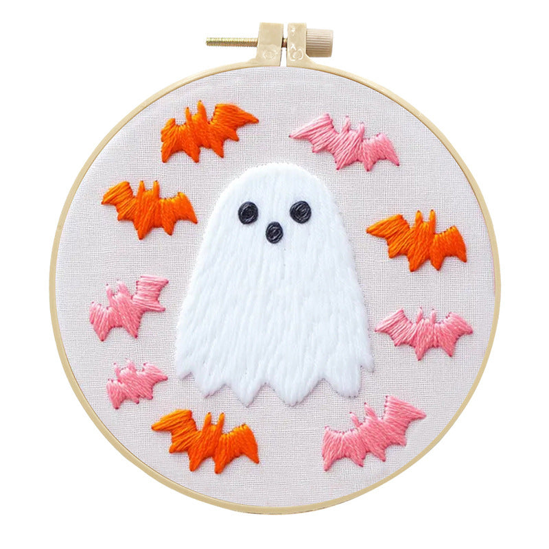 Vintage Ghost & Bat - DIY Embroidery Cross Stitch Kit with Pattern Cotton Threads Needles Hoop 25x25CM/9.84x9.84in