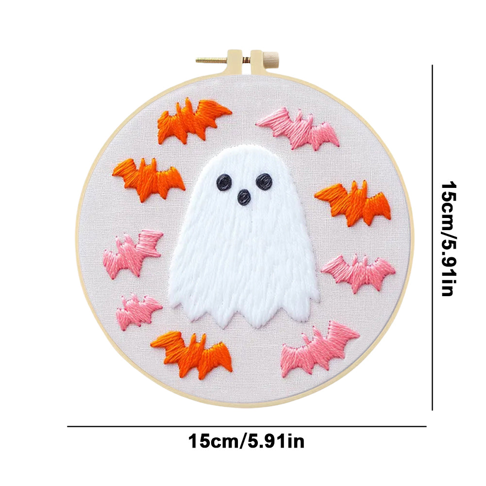 Vintage Ghost & Bat - DIY Embroidery Cross Stitch Kit with Pattern Cotton Threads Needles Hoop 25x25CM/9.84x9.84in