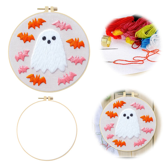 Vintage Ghost & Bat - DIY Embroidery Cross Stitch Kit with Pattern Cotton Threads Needles Hoop 25x25CM/9.84x9.84in