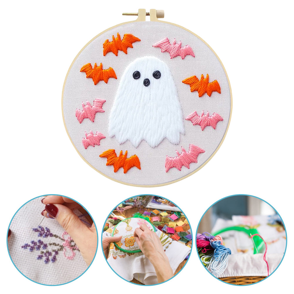 Vintage Ghost & Bat - DIY Embroidery Cross Stitch Kit with Pattern Cotton Threads Needles Hoop 25x25CM/9.84x9.84in