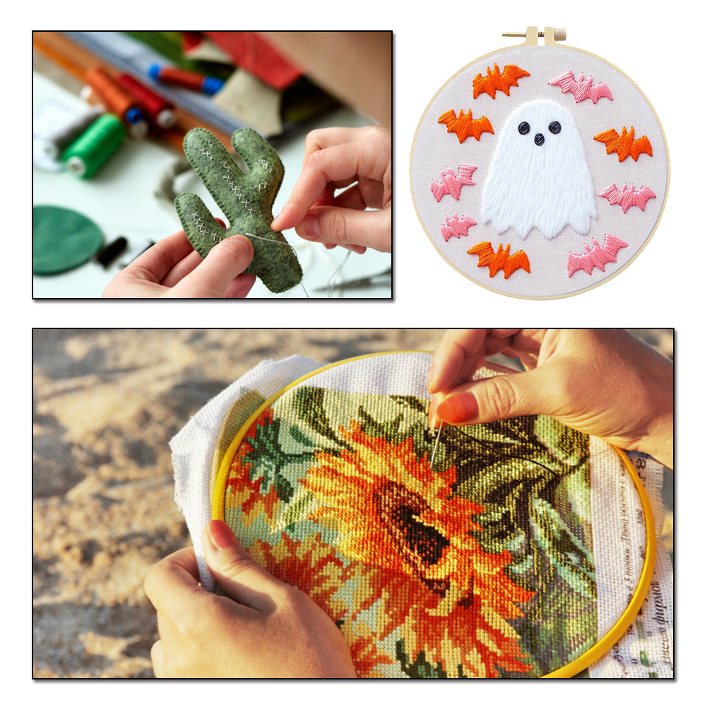 Vintage Ghost & Bat - DIY Embroidery Cross Stitch Kit with Pattern Cotton Threads Needles Hoop 25x25CM/9.84x9.84in