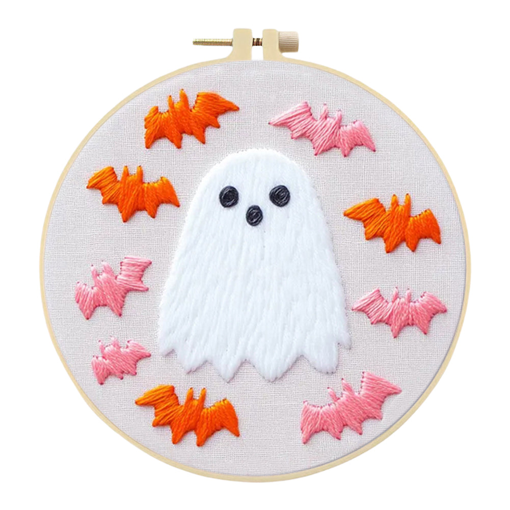 Vintage Ghost & Bat - DIY Embroidery Cross Stitch Kit with Pattern Cotton Threads Needles Hoop 25x25CM/9.84x9.84in