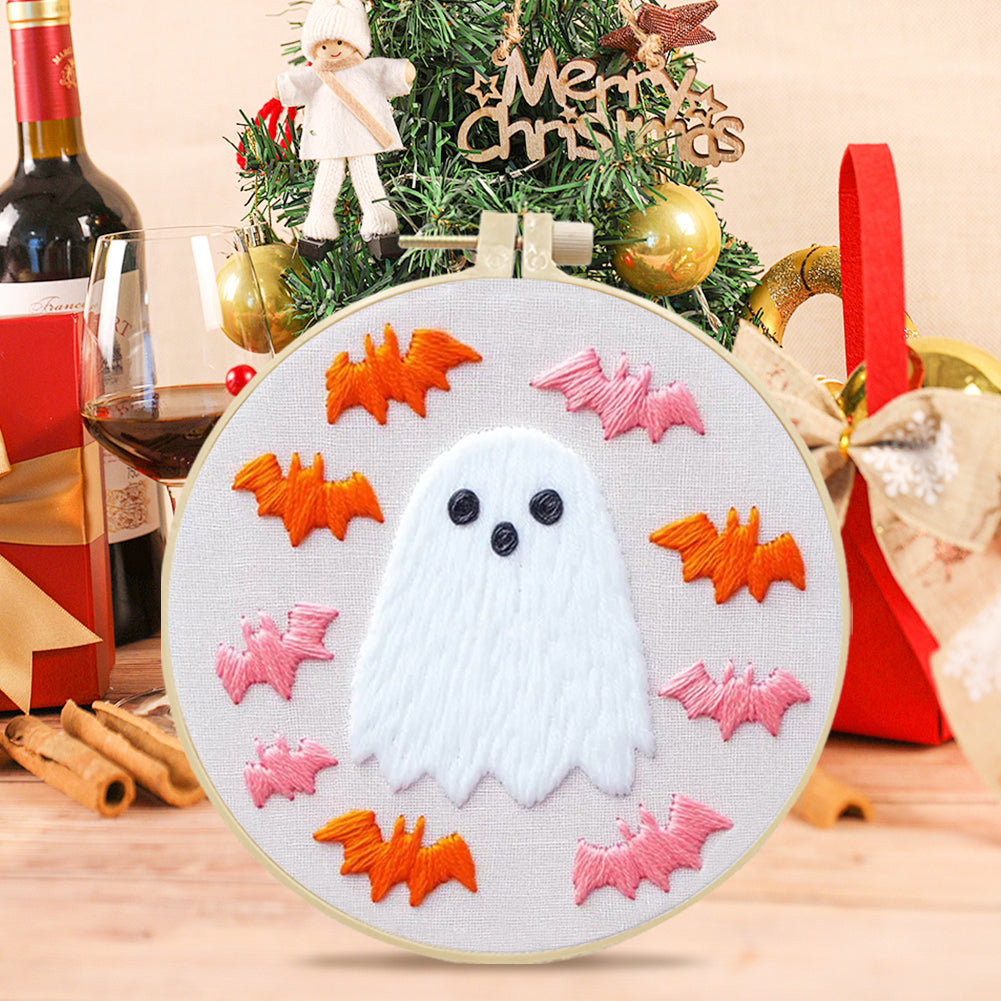 Vintage Ghost & Bat - DIY Embroidery Cross Stitch Kit with Pattern Cotton Threads Needles Hoop 25x25CM/9.84x9.84in