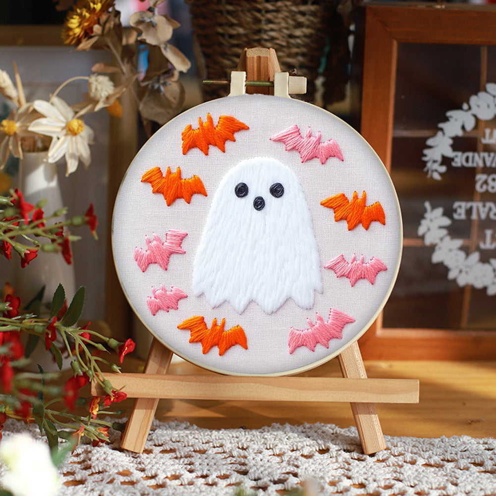 Vintage Ghost & Bat - DIY Embroidery Cross Stitch Kit with Pattern Cotton Threads Needles Hoop 25x25CM/9.84x9.84in