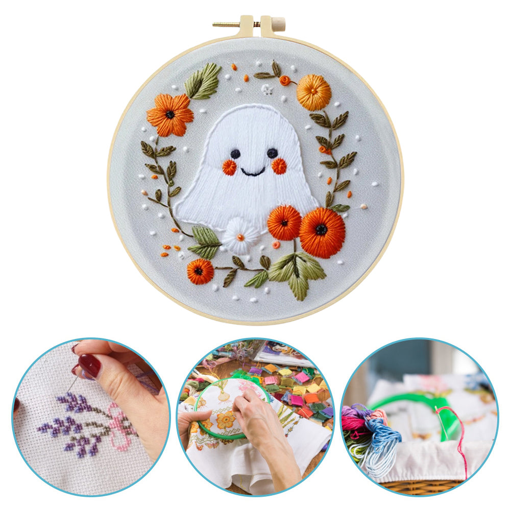 Flower Ghost - DIY Embroidery Cross Stitch Kit with Pattern Cotton Threads Needles Hoop 25x25CM/9.84x9.84in