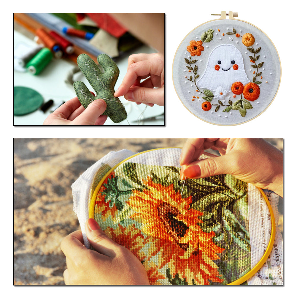 Flower Ghost - DIY Embroidery Cross Stitch Kit with Pattern Cotton Threads Needles Hoop 25x25CM/9.84x9.84in