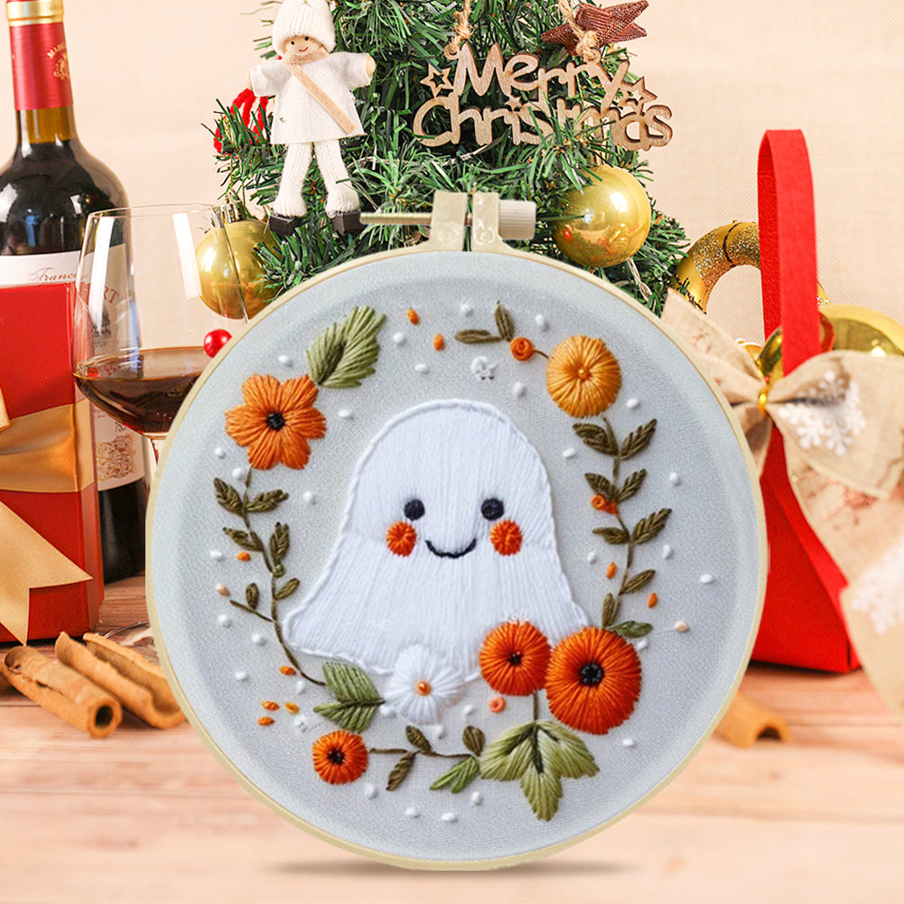 Flower Ghost - DIY Embroidery Cross Stitch Kit with Pattern Cotton Threads Needles Hoop 25x25CM/9.84x9.84in