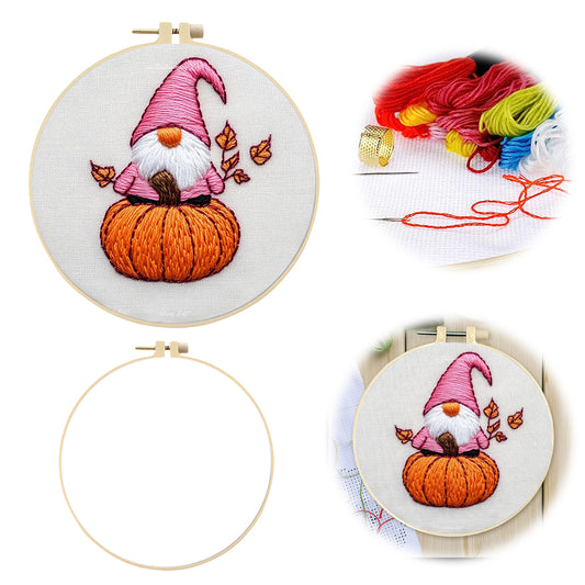 Little Autumn Dwarf - DIY Embroidery Cross Stitch Kit with Pattern Cotton Threads Needles Hoop 25x25CM/9.84x9.84in
