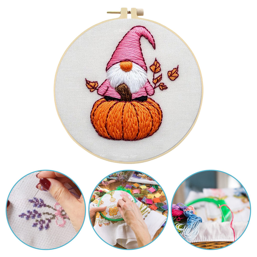 Little Autumn Dwarf - DIY Embroidery Cross Stitch Kit with Pattern Cotton Threads Needles Hoop 25x25CM/9.84x9.84in