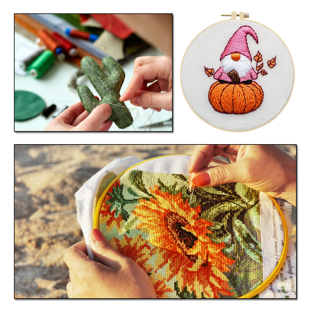 Little Autumn Dwarf - DIY Embroidery Cross Stitch Kit with Pattern Cotton Threads Needles Hoop 25x25CM/9.84x9.84in