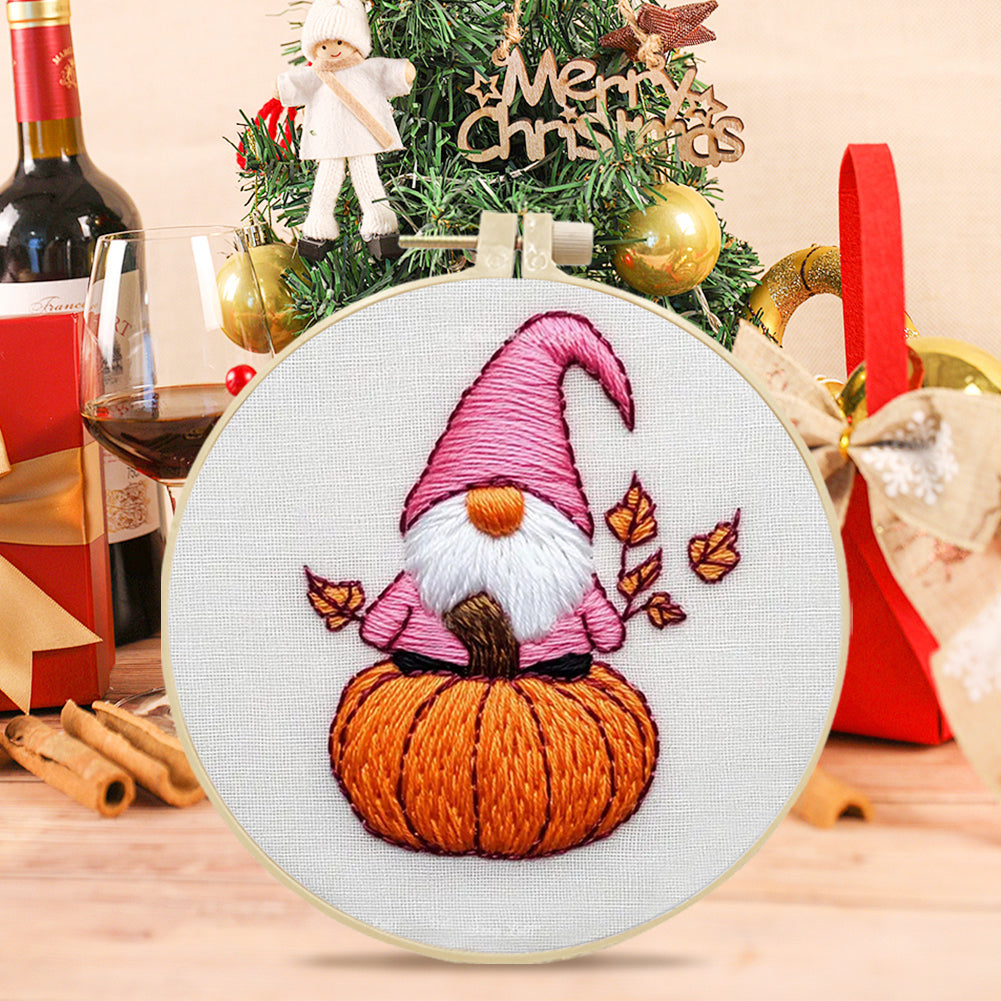Little Autumn Dwarf - DIY Embroidery Cross Stitch Kit with Pattern Cotton Threads Needles Hoop 25x25CM/9.84x9.84in