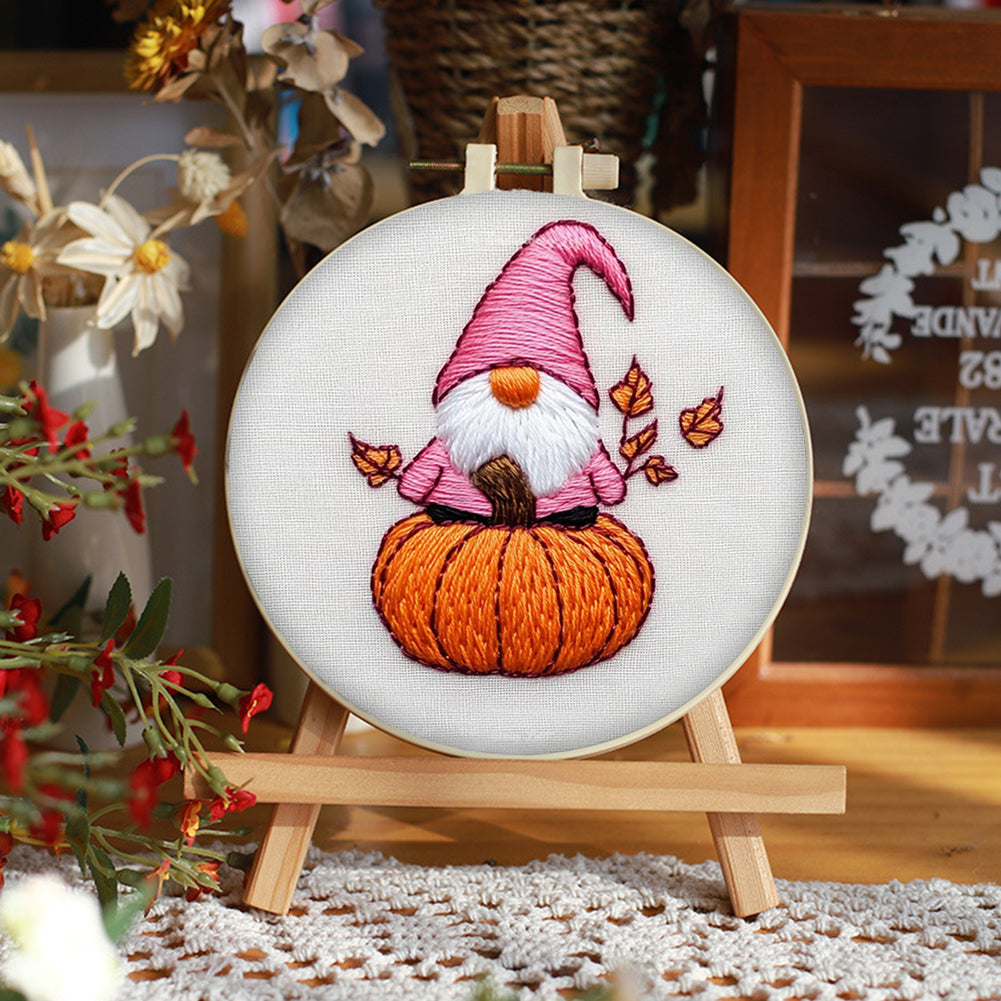 Little Autumn Dwarf - DIY Embroidery Cross Stitch Kit with Pattern Cotton Threads Needles Hoop 25x25CM/9.84x9.84in