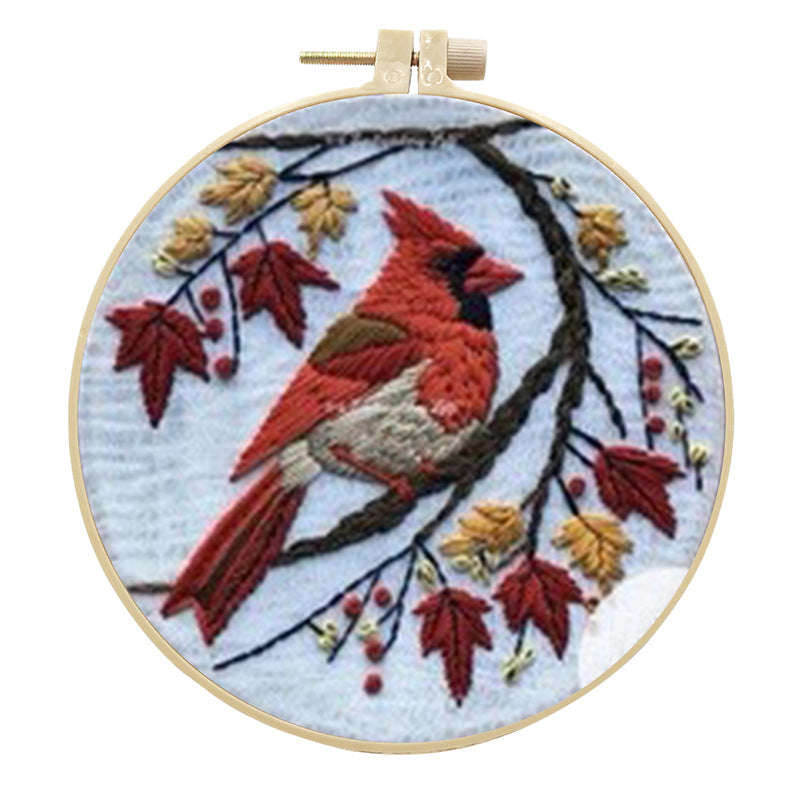 Red Bird & Tree - DIY Embroidery Cross Stitch Kit with Pattern Cotton Threads Needles Hoop 25x25CM/9.84x9.84in