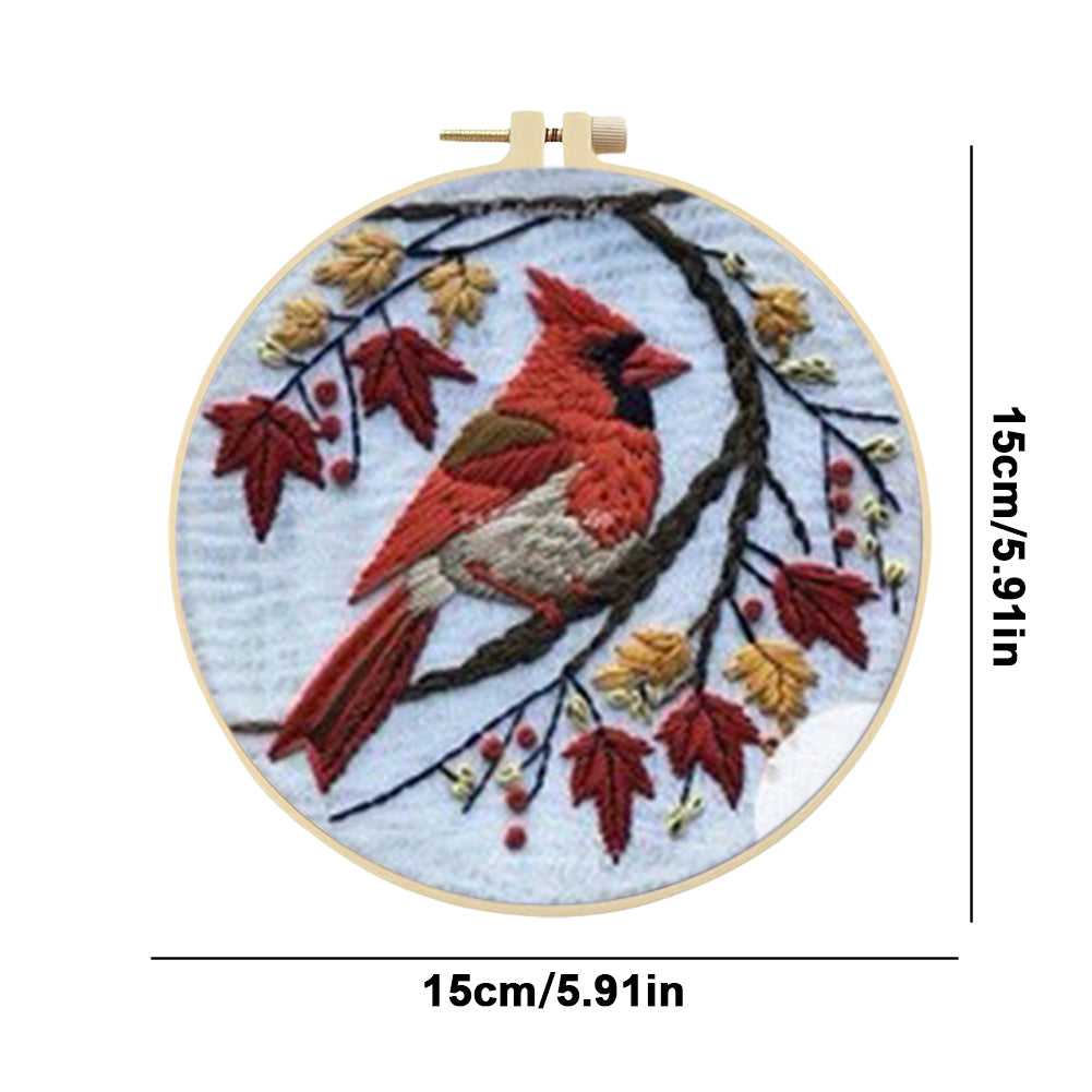 Red Bird & Tree - DIY Embroidery Cross Stitch Kit with Pattern Cotton Threads Needles Hoop 25x25CM/9.84x9.84in