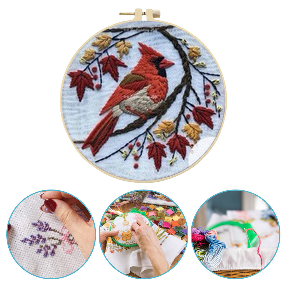 Red Bird & Tree - DIY Embroidery Cross Stitch Kit with Pattern Cotton Threads Needles Hoop 25x25CM/9.84x9.84in