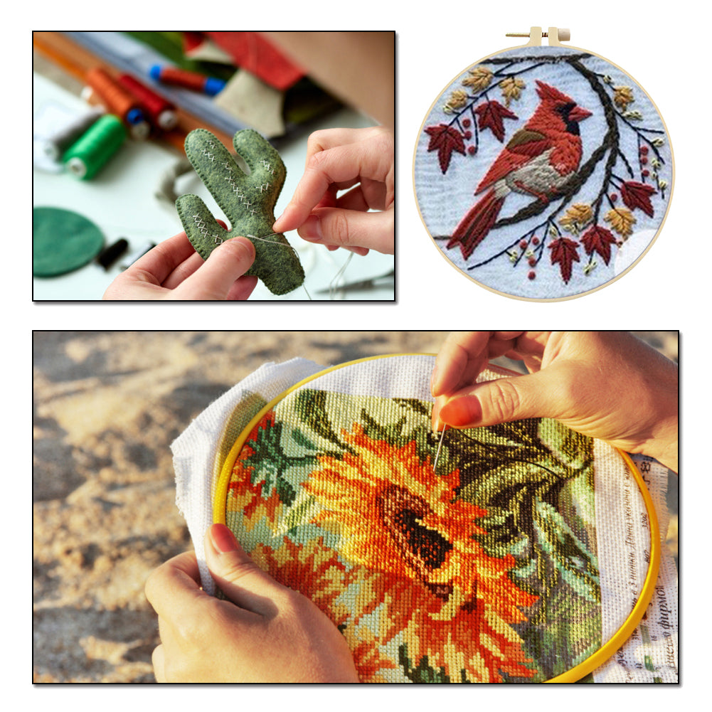 Red Bird & Tree - DIY Embroidery Cross Stitch Kit with Pattern Cotton Threads Needles Hoop 25x25CM/9.84x9.84in