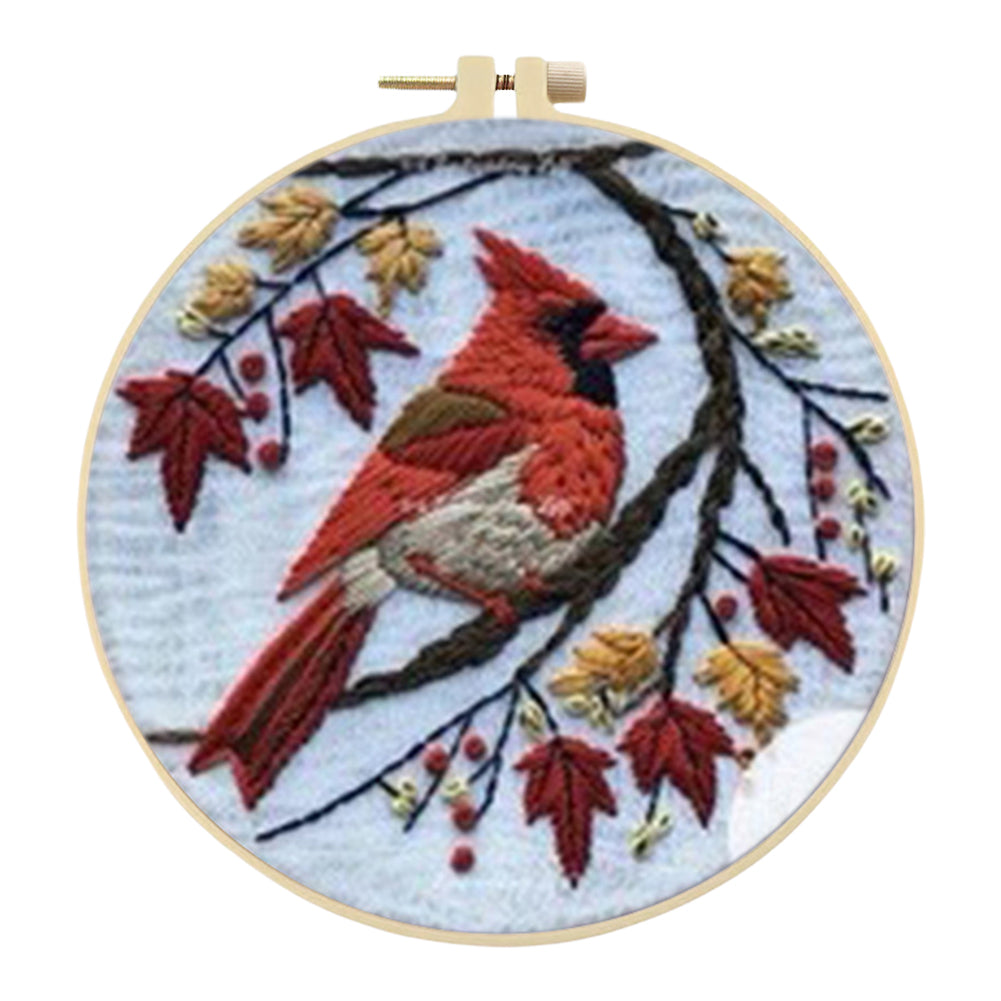 Red Bird & Tree - DIY Embroidery Cross Stitch Kit with Pattern Cotton Threads Needles Hoop 25x25CM/9.84x9.84in
