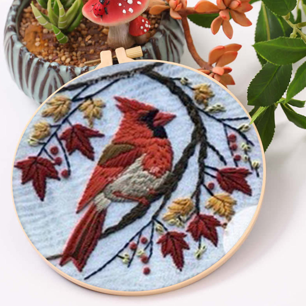 Red Bird & Tree - DIY Embroidery Cross Stitch Kit with Pattern Cotton Threads Needles Hoop 25x25CM/9.84x9.84in