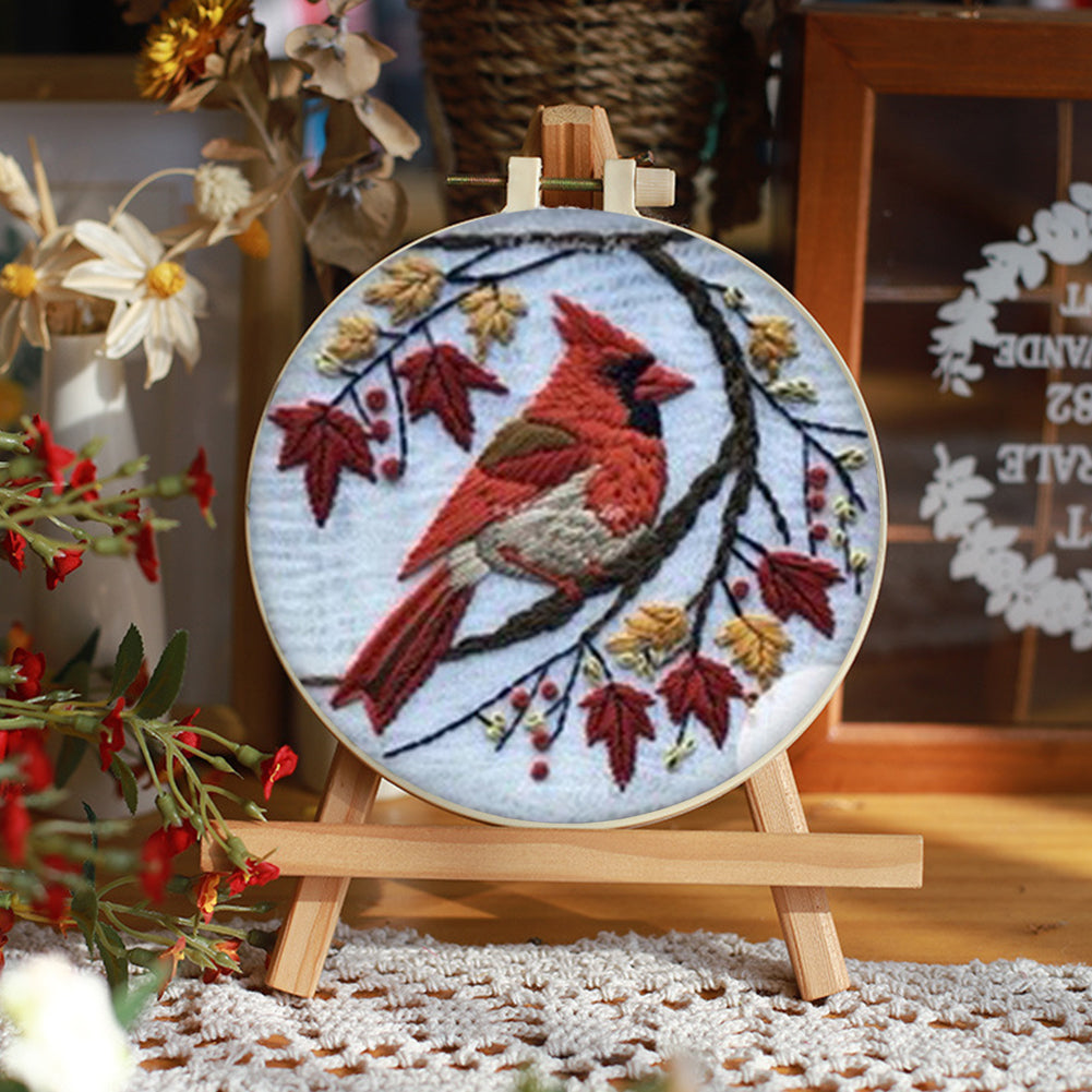 Red Bird & Tree - DIY Embroidery Cross Stitch Kit with Pattern Cotton Threads Needles Hoop 25x25CM/9.84x9.84in