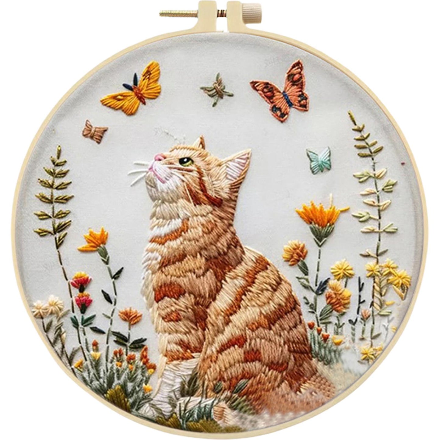Cat & Butterfly - DIY Embroidery Cross Stitch Kit with Pattern Cotton Threads Needles Hoop 25x25CM/9.84x9.84in