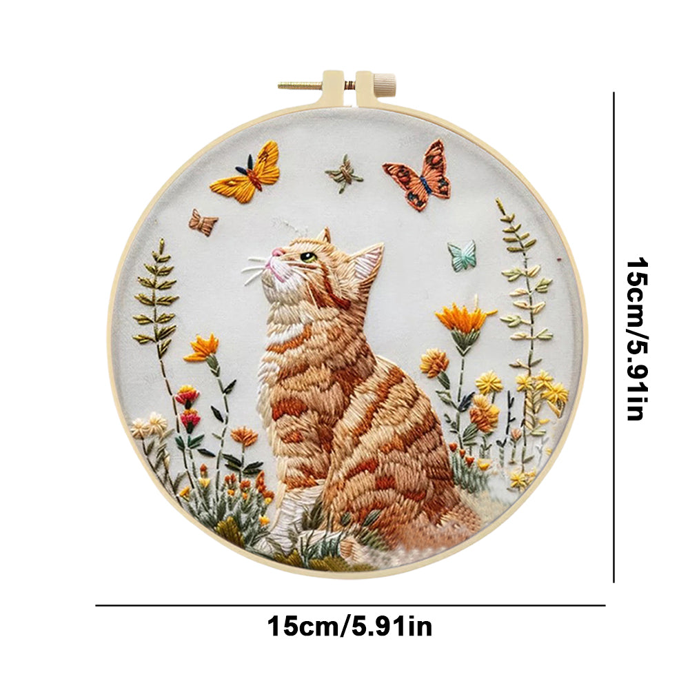 Cat & Butterfly - DIY Embroidery Cross Stitch Kit with Pattern Cotton Threads Needles Hoop 25x25CM/9.84x9.84in