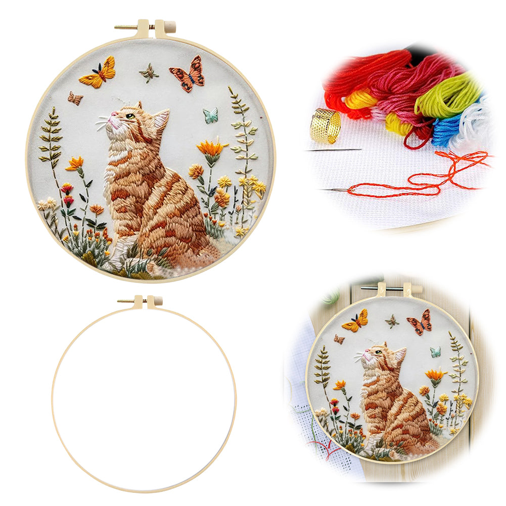 Cat & Butterfly - DIY Embroidery Cross Stitch Kit with Pattern Cotton Threads Needles Hoop 25x25CM/9.84x9.84in