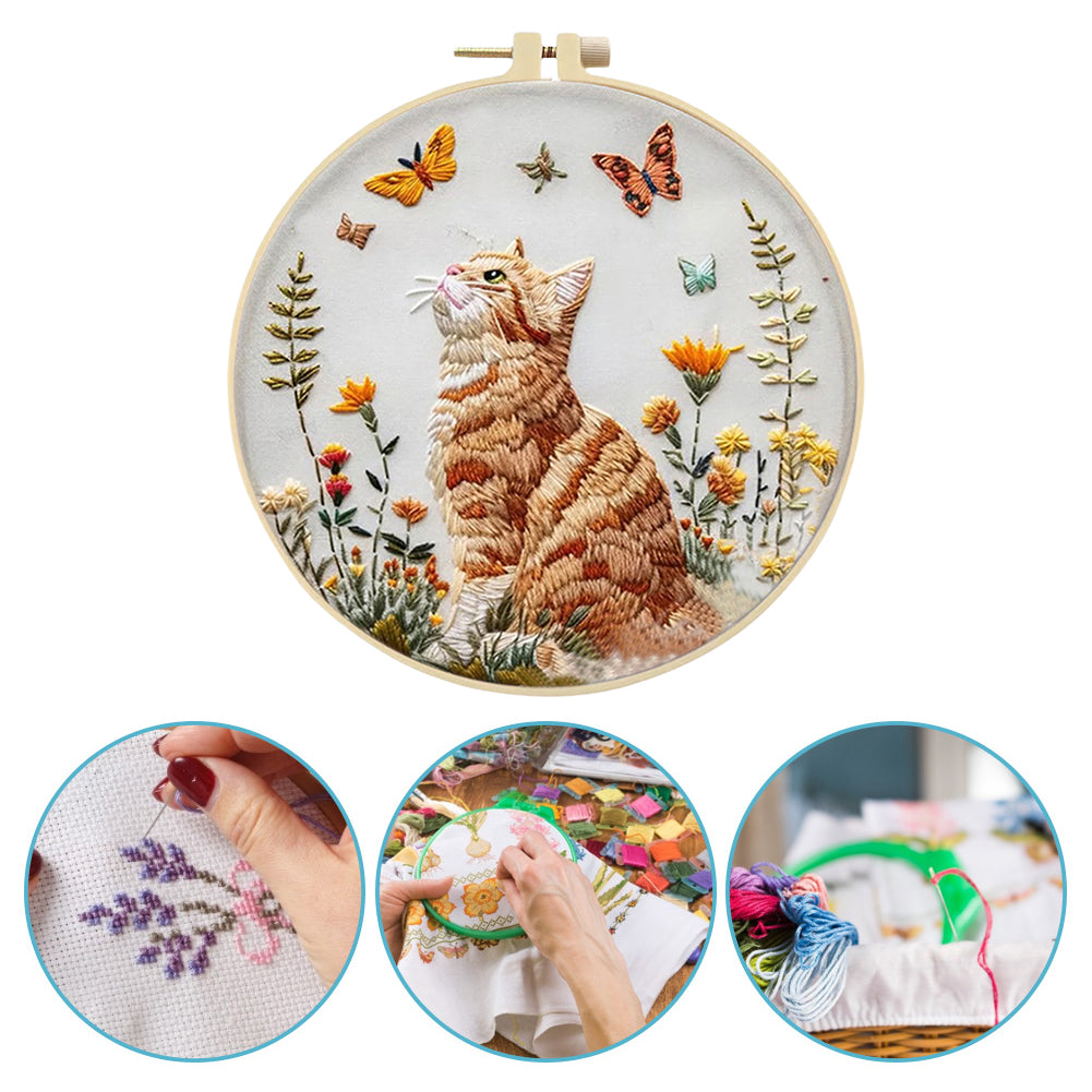 Cat & Butterfly - DIY Embroidery Cross Stitch Kit with Pattern Cotton Threads Needles Hoop 25x25CM/9.84x9.84in