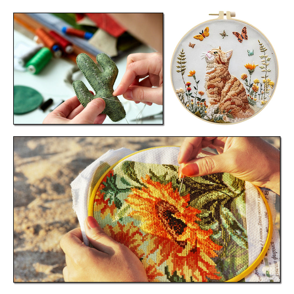 Cat & Butterfly - DIY Embroidery Cross Stitch Kit with Pattern Cotton Threads Needles Hoop 25x25CM/9.84x9.84in