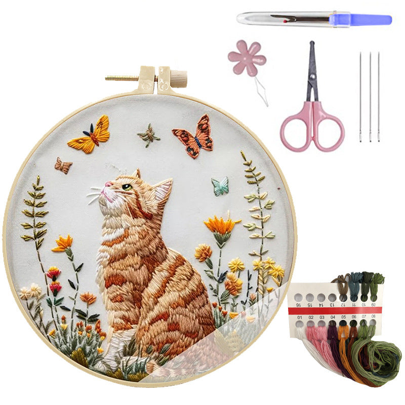 Cat & Butterfly - DIY Embroidery Cross Stitch Kit with Pattern Cotton Threads Needles Hoop 25x25CM/9.84x9.84in
