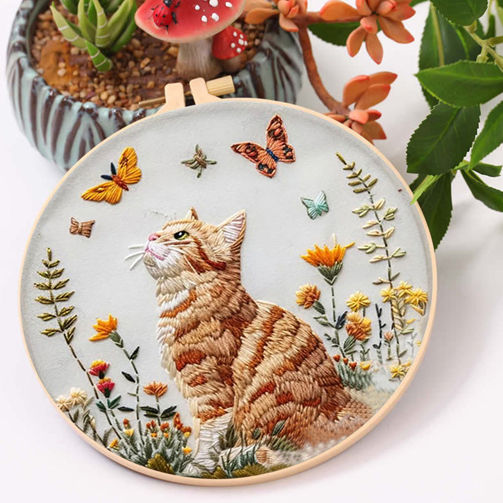 Cat & Butterfly - DIY Embroidery Cross Stitch Kit with Pattern Cotton Threads Needles Hoop 25x25CM/9.84x9.84in