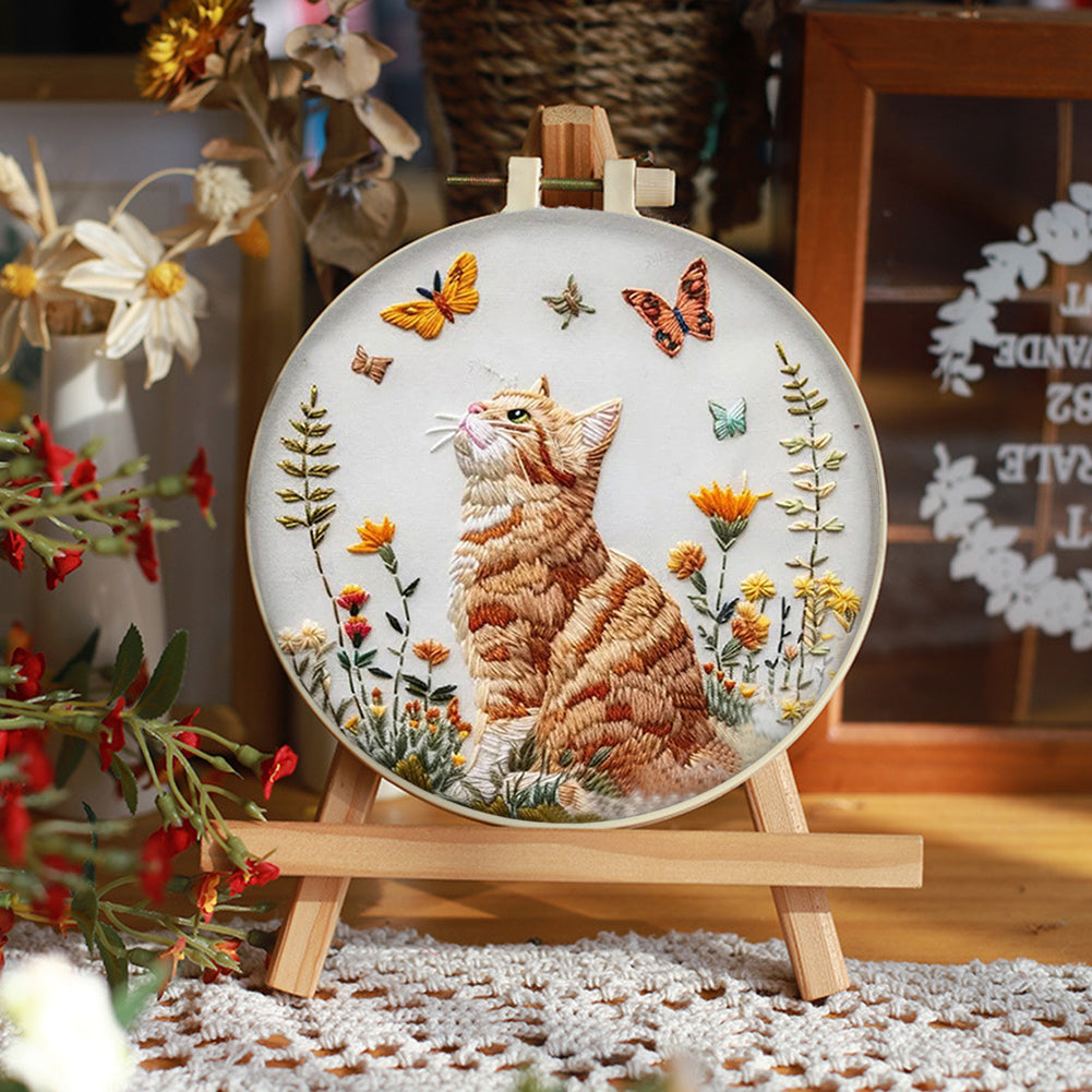 Cat & Butterfly - DIY Embroidery Cross Stitch Kit with Pattern Cotton Threads Needles Hoop 25x25CM/9.84x9.84in