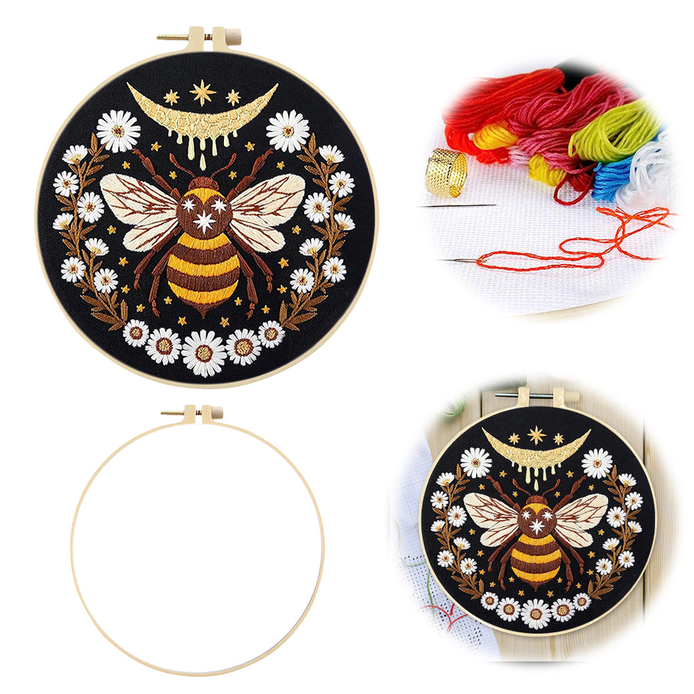 Yellow Bee - DIY Embroidery Cross Stitch Kit with Pattern Cotton Threads Needles Hoop 25x25CM/9.84x9.84in