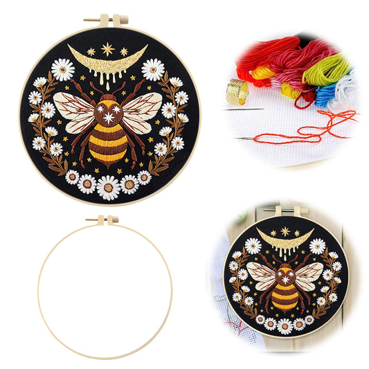 Yellow Bee - DIY Embroidery Cross Stitch Kit with Pattern Cotton Threads Needles Hoop 25x25CM/9.84x9.84in