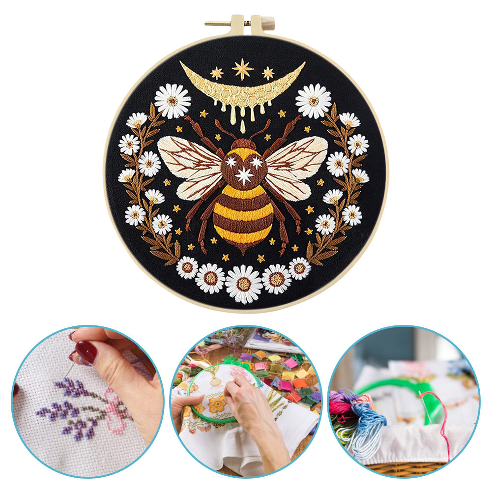 Yellow Bee - DIY Embroidery Cross Stitch Kit with Pattern Cotton Threads Needles Hoop 25x25CM/9.84x9.84in