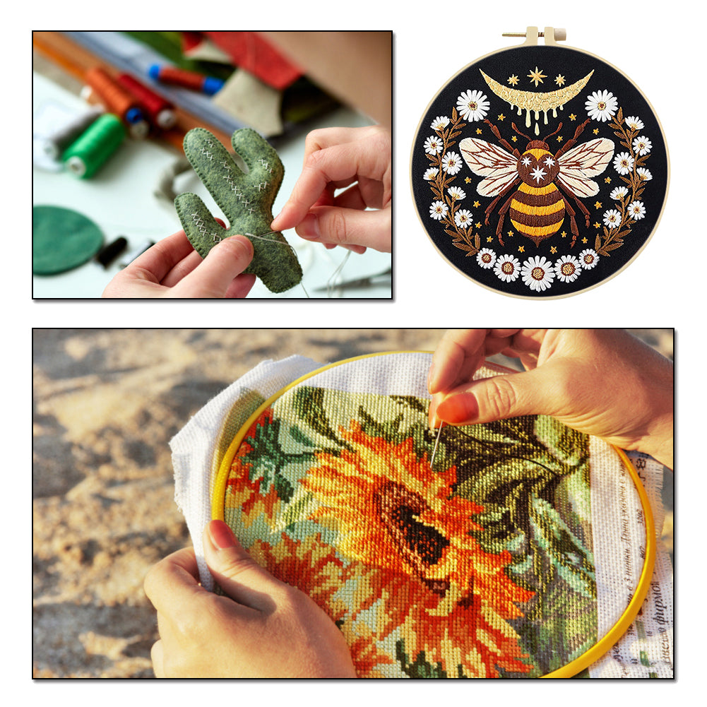 Yellow Bee - DIY Embroidery Cross Stitch Kit with Pattern Cotton Threads Needles Hoop 25x25CM/9.84x9.84in